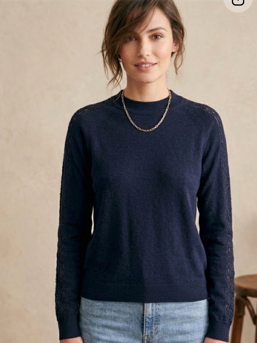 Sézane Navy Lace Sleeve Knit Sweater Merino Wool  Pointelle Openwork Size XS